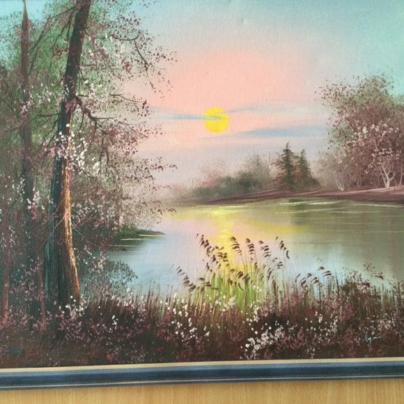 Original landscape painting on canvas lake side signed professionally framed - Picture 3 of 12